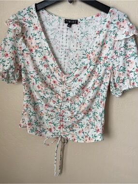 Timing White Floral Ruched V-Neck Crop Top with Pink & Green Print